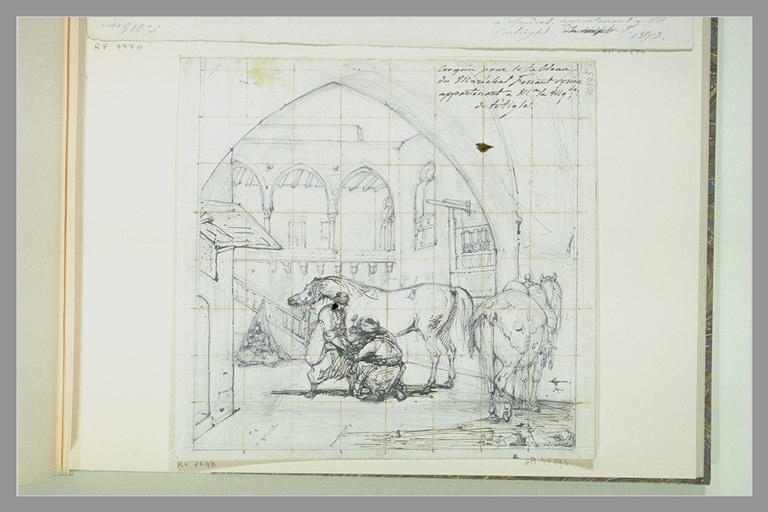 Deux hommes ferrant un cheval, dans une cour orientale