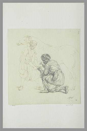 Deux hommes ferrant un cheval