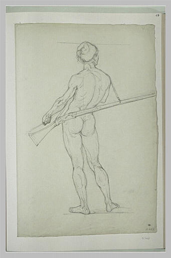 Oriental nu, coiffé d'un fez, portant un fusil, vu de dos