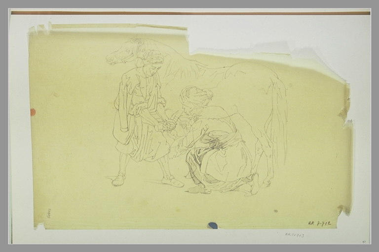 Deux hommes ferrant un cheval