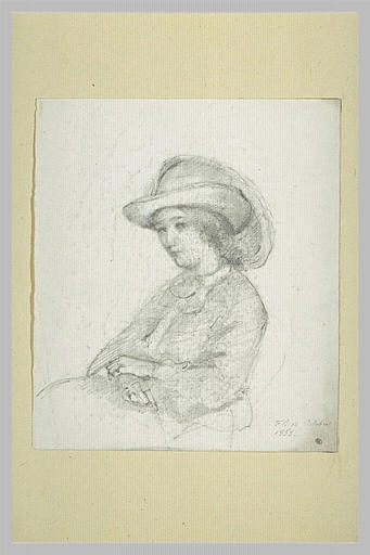 Femme à mi-corps, de trois quarts à gauche, coiffée d'un chapeau à plumes