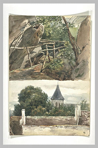 Passerelle en forêt, parmi des rochers, et église d'un village