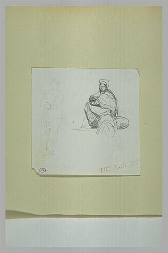 Croquis d'un homme, debout, de face ; paysanne assise