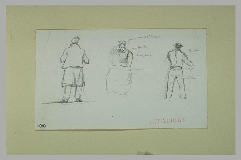 Homme debout, de dos ; femme assise ; homme, de dos