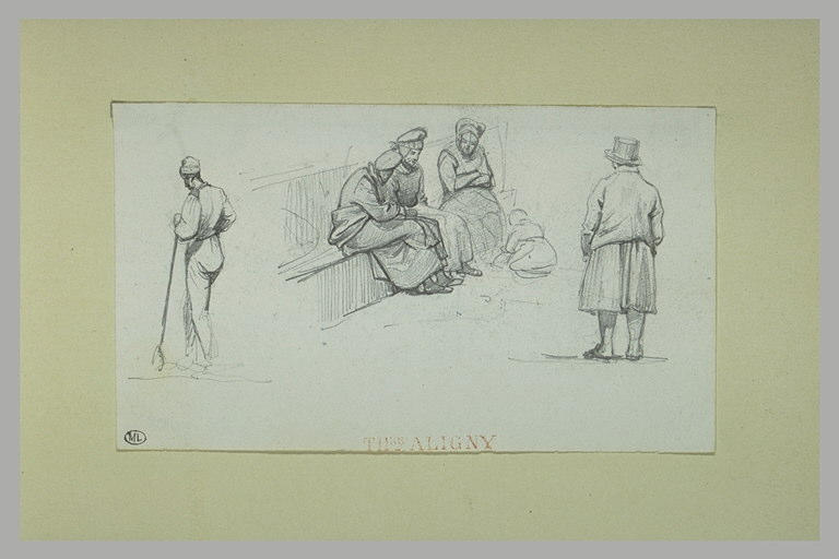 Paysan debout ; homme debout et des paysannes assises