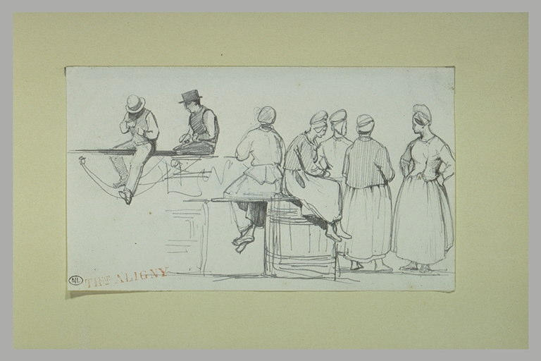 Deux hommes ; un  groupe de cinq femmes