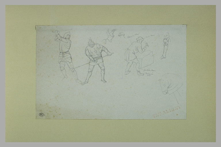 Deux guerriers, études de casque, tailleur de pierre, genouillère, et cheval