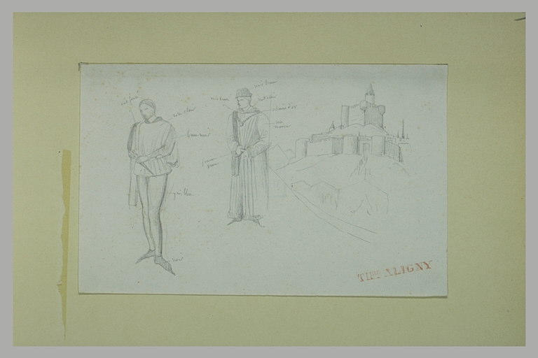Etude de deux hommes du XVeme siècle ; château fort
