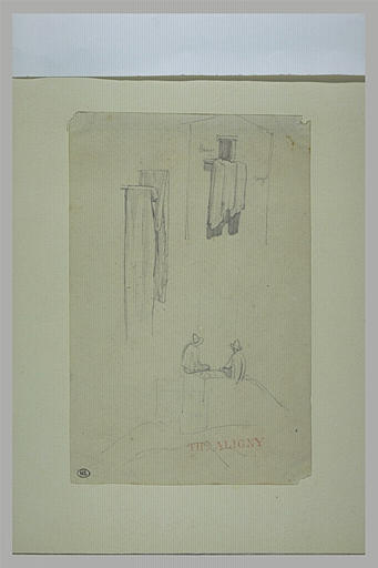 Deux études de linge pendu ; deux hommes assis, de profil en vis à vis