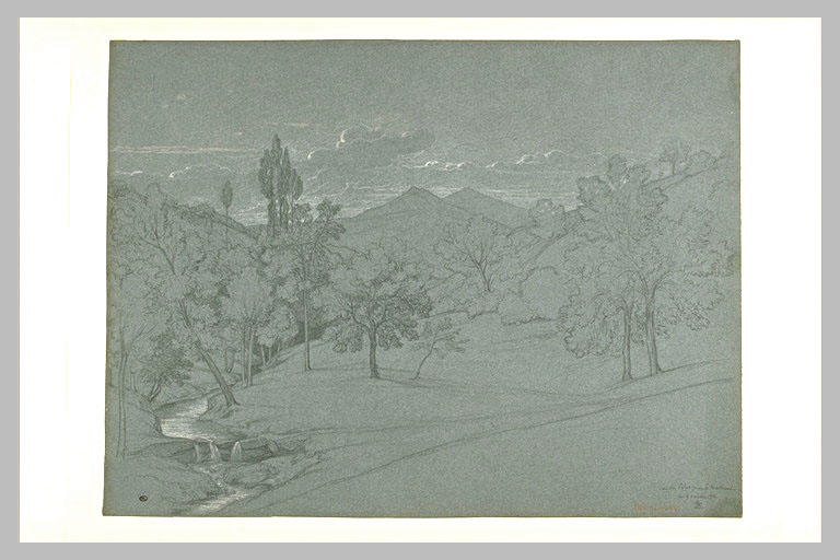 Prairie, avec des arbres, arrosée par un ruisseau qui coule à gauche