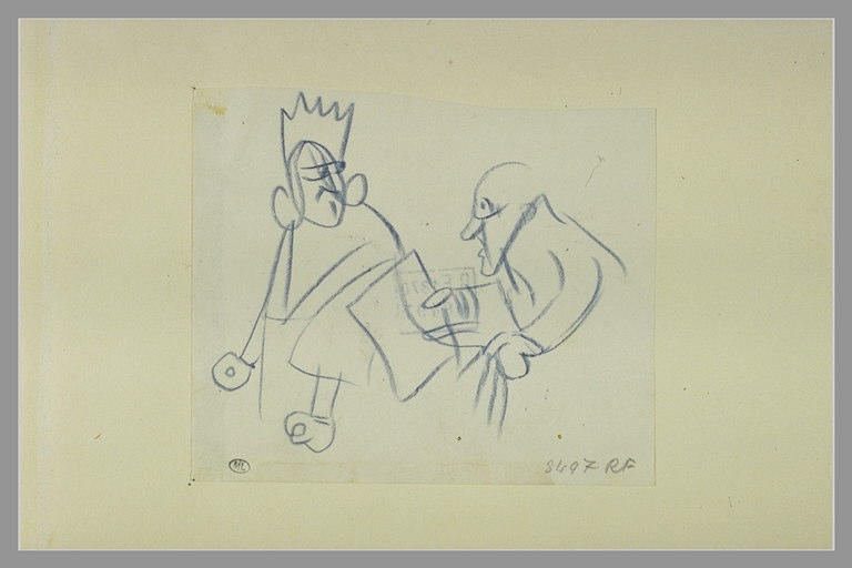 Roi en costume de cérémonie et homme tenant une feuille de papier à la main