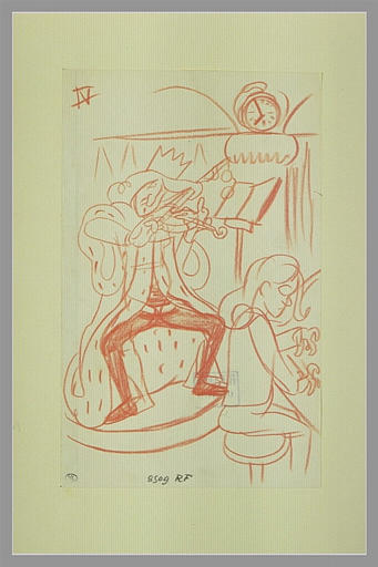 Un roi en costume de cérémonie jouant du violon accompagné par un pianiste