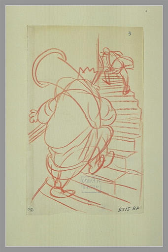Un roi en costume de cérémonie gravissant des escaliers avec un cor