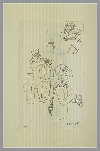 Un roi, assis, soufflant dans une trompette et un pianiste ; croquis