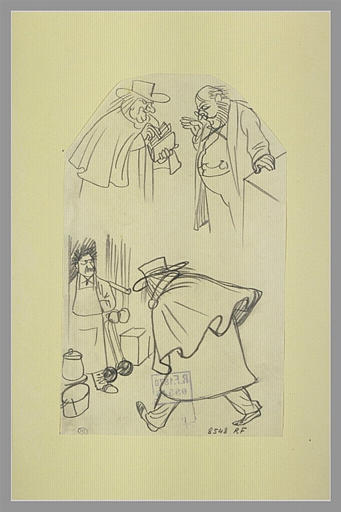 Homme proposant de l'argent à un autre ; homme devant un marchand