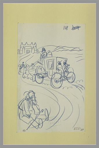 Carrosse avec laquais, suivant une route sinueuse