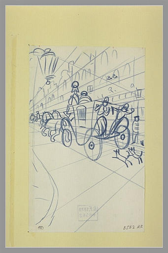 Carrosse avec laquais, suivant une rue