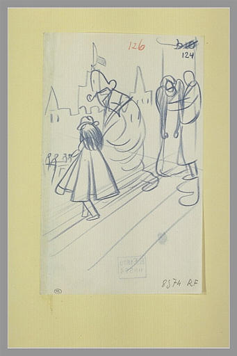 Dignitaire à bicorne et à grand manteau emmenant un jeune artiste