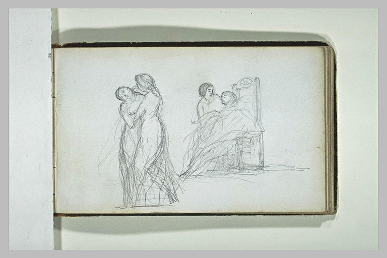 Deux figures enlacées ; femme près d'un homme assis sur un trône