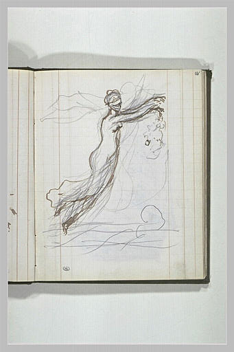 Femme, enveloppée de voiles, dans les airs, répandant des pétales de fleurs