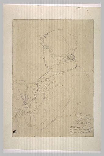 Portrait de Corot, assis, à mi-corps, de profil à gauche