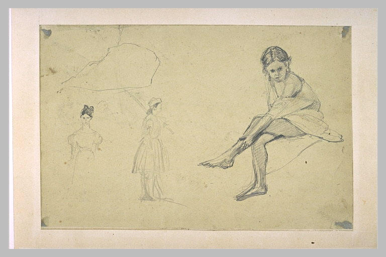 Feuille d'études : fillette assise ; soldat ; femme debout ; croquis