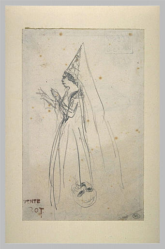 Femme, debout, coiffée d'un hermin pointu avec voile ; tête d'homme