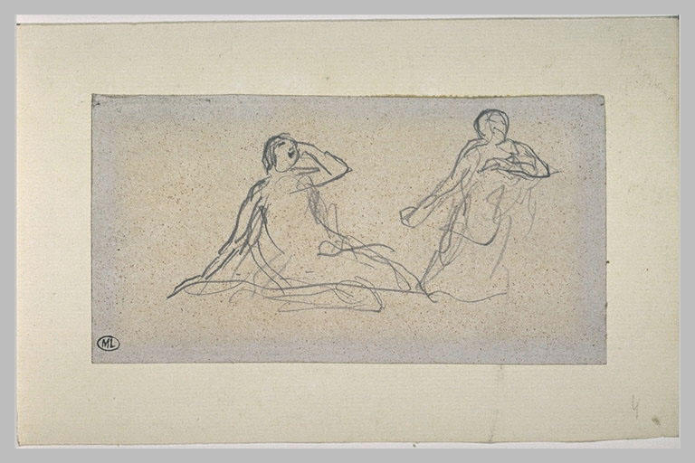 Femme assise se redressant et une figure debout : scène de théâtre (?)