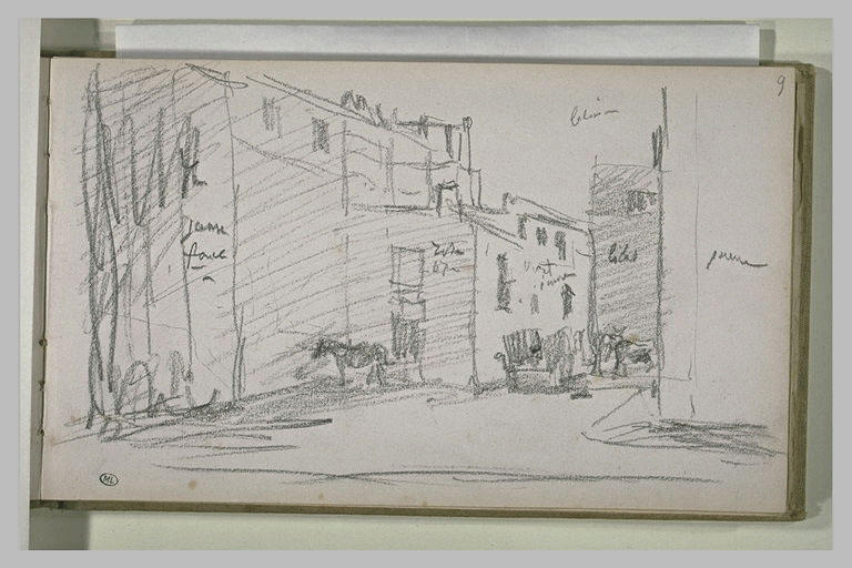 Rue de village avec annotations manuscrites