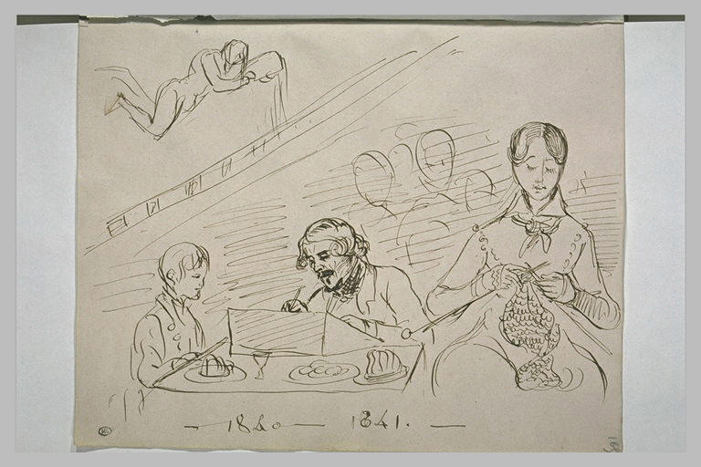Delacroix, assis à une table, dessinant ; un jeune garçon ; une femme