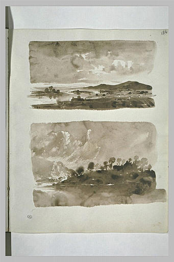 Paysage de bord de mer ou de lac, et paysage avec une colline boisée