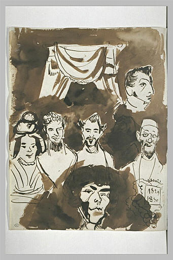 Sept têtes caricaturales dont une masquée par une tache de lavis ; draperie