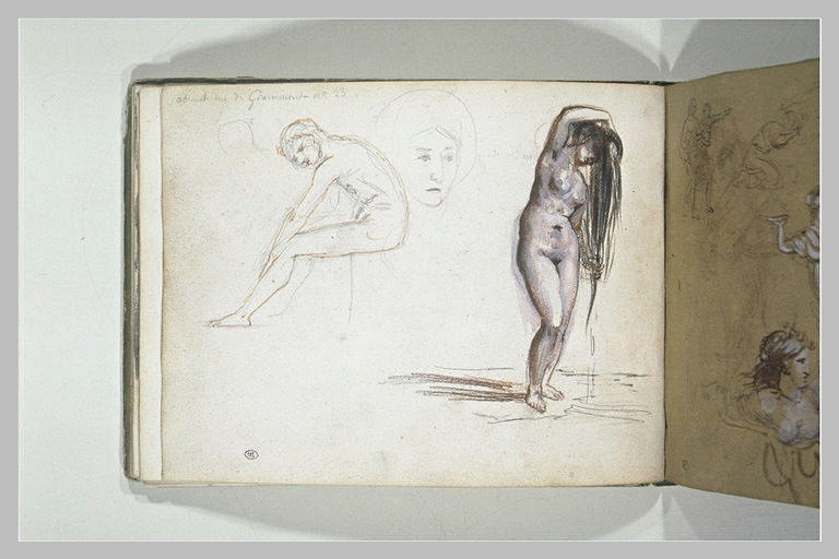 Homme nu, assis ; tête de femme ; femme nue essorant sa chevelure