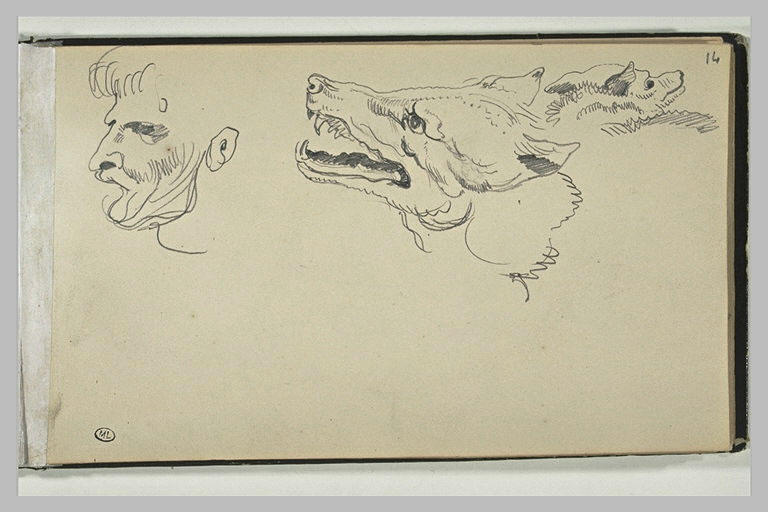 Tête d'homme, et deux têtes de loup