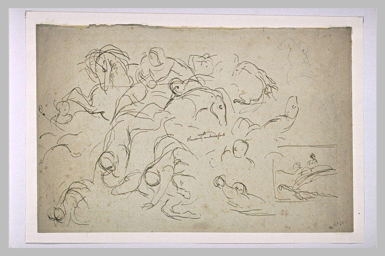 Etudes de cavaliers combattant, et croquis du pont de Taillebourg