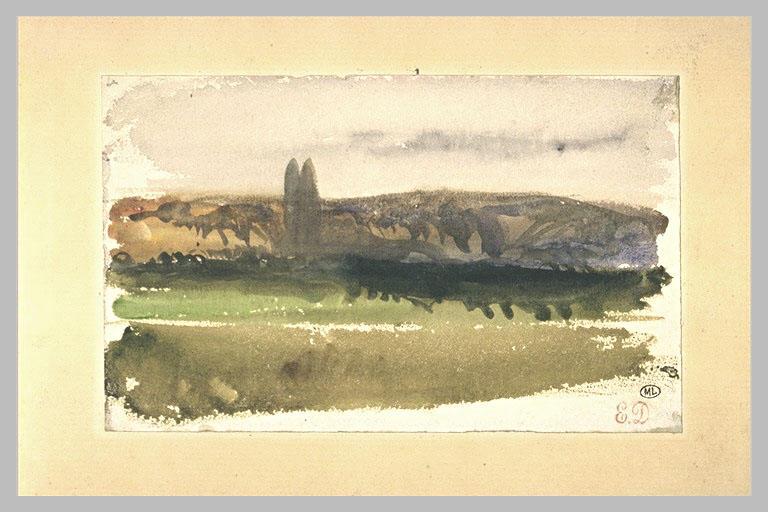 Paysage de plaine avec deux peupliers devant un côteau