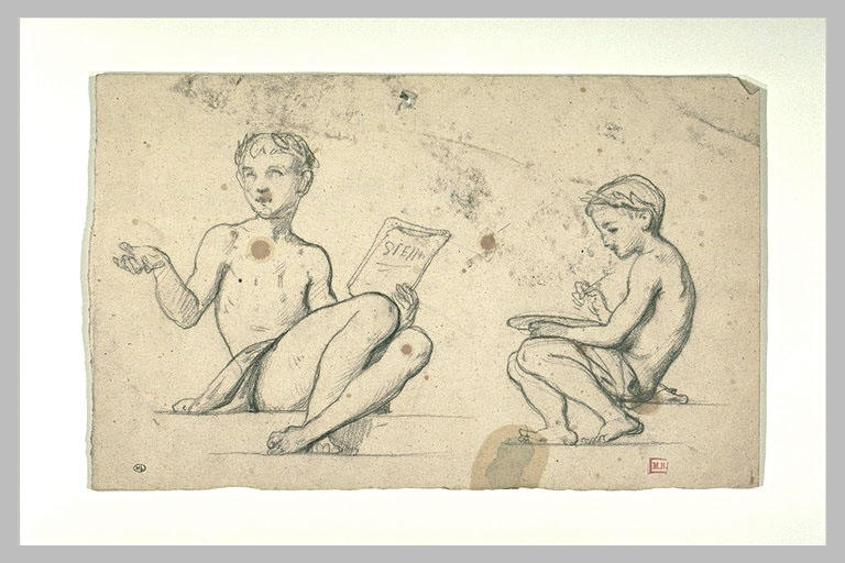 Enfant assis tenant une tablette et enfant assis peignant