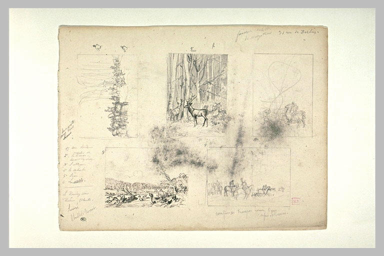 Cinq scènes représentant des moments d'une chasse à courre