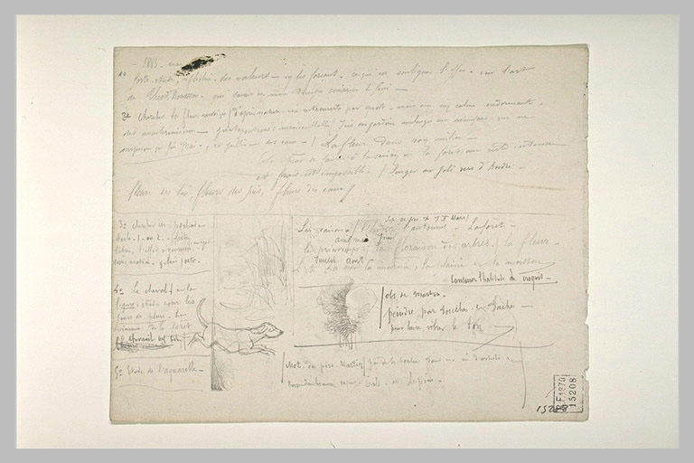 Chien courant dans un paysage, arbres, et texte manuscrit