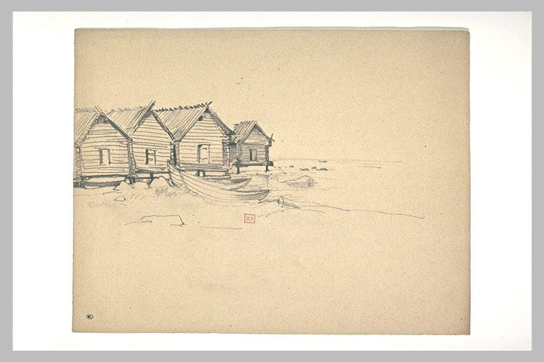 Maisons de bois sur pilotis au bord d'une rivière, et deux barques