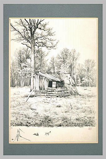 Hutte à la lisière d'un bois, scieurs de long, lapin et daim