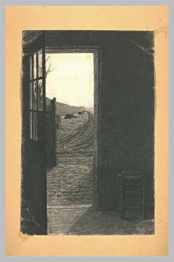 Une chambre avec la porte ouvrant sur une cour et un chemin