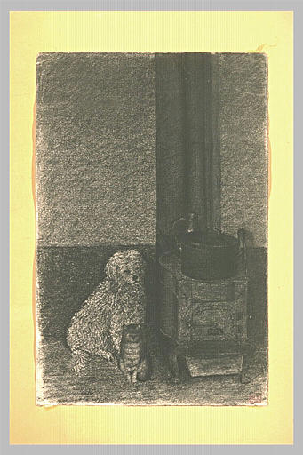 Un caniche blanc et un chat près d'un poêle