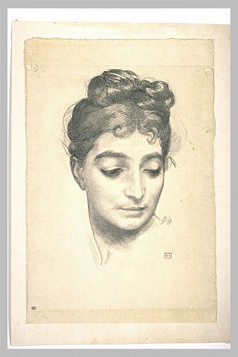 Tête de femme, légèrement tournée vers la droite, les yeux baissés