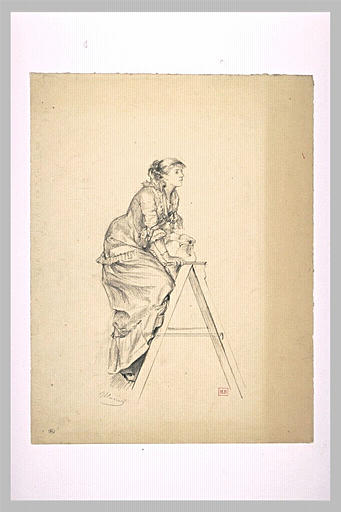 Femme montant les degrés d'une échelle double et tenant un pichet