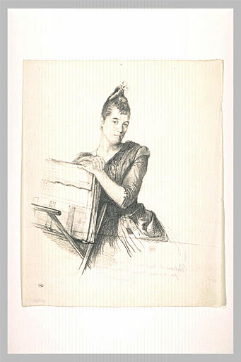 Madame Beraldi, assise, de face, appuyée sur un carton à dessin