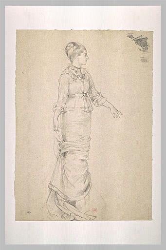 Portrait de femme, debout, de profil à droite, le bras gauche en avant