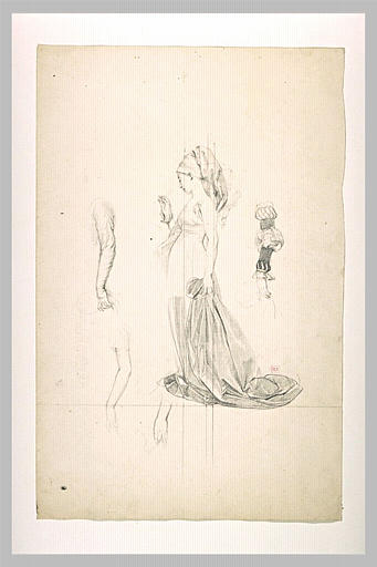 Femme en costume du Moyen-Age regardant une médaille, et études de bras