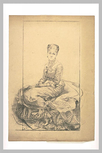 Femme, assise, de trois quarts à gauche, visage de face, mains jointes