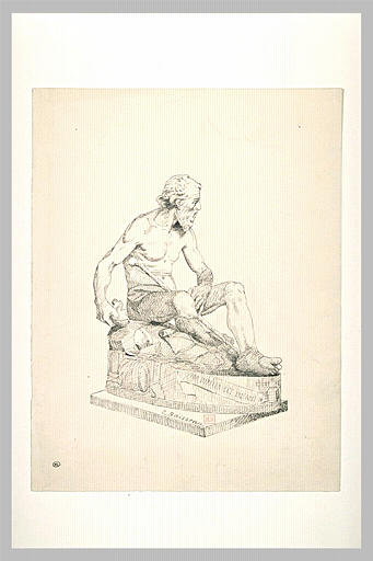 Statue de vieillard assis à terre et tenant une tasse brisée